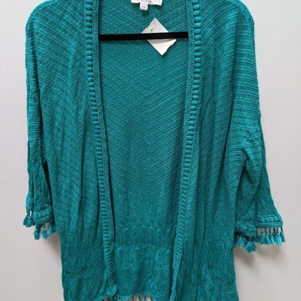 Chico's Teal Open-Front Knit Cardigan with Tassels